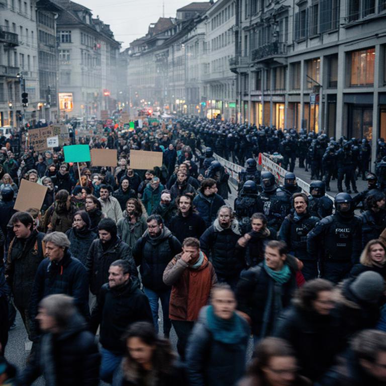 Demonstrationszug auf der Zürcher Langstrasse mit Transparenten und dichtem Polizeiaufgebot