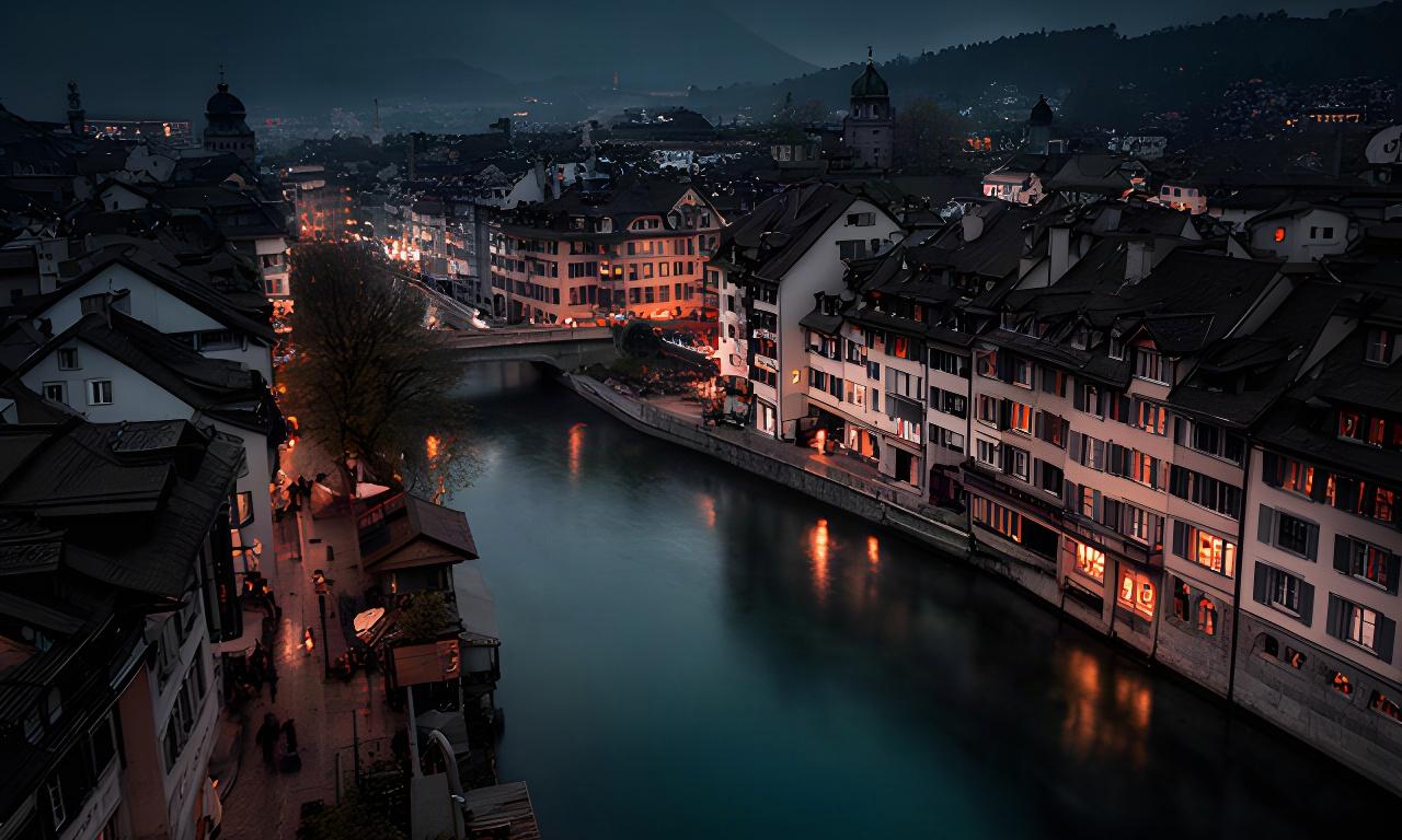 Nächtliche Zürcher Altstadt mit Lichtern, Limmat und dicht bebauten Häuserzeilen