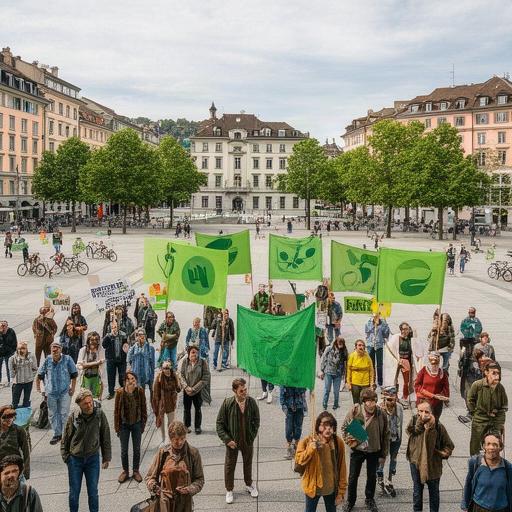 Klimademonstration auf dem Helvetiaplatz in Zürich mit grünen Transparenten