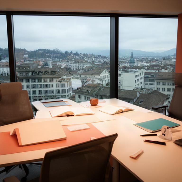 Redaktionssitz in Zürich am Borrweg mit Schreibtischen, Notizbüchern und Stadtblick