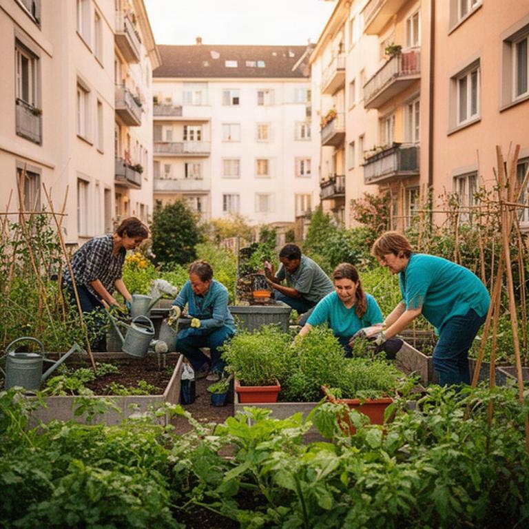 Bewohnerinnen und Bewohner pflegen einen Gemeinschaftsgarten zwischen Zürcher Wohnhäusern