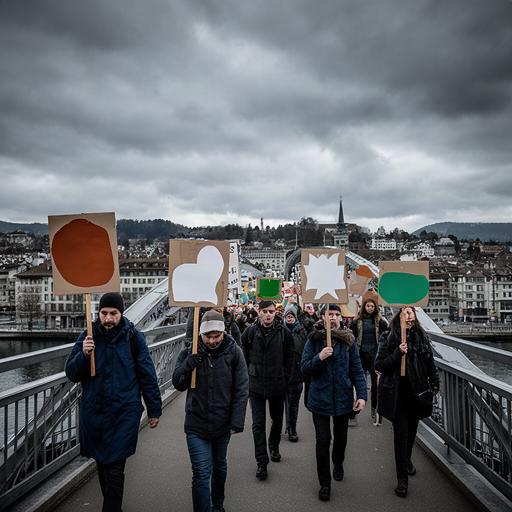 Protestzug über eine Zürcher Brücke bei bewölktem Wetter mit sichtbaren Forderungen auf Plakaten