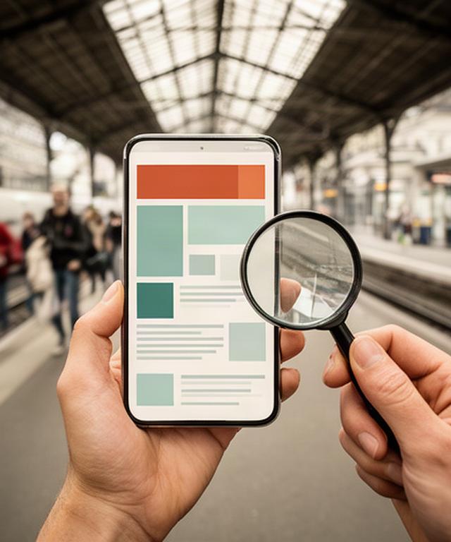 Hand hält ein Smartphone mit Nachrichten-Feed und Lupe an einem Zürcher Bahnhof