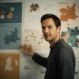 Datenjournalist vor Diagrammen und Karten an einer Wand in Zürich
