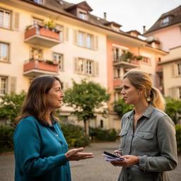 Quartierreporter im Gespräch mit einer Bewohnerin vor Zürcher Wohnhäusern