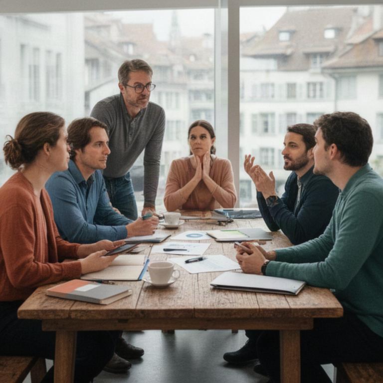Redaktionsteam bei einer Recherchebesprechung an einem Holztisch in einem Zürcher Büro