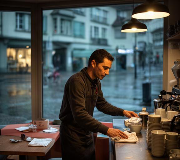 Serviceangestellte bei der Vorbereitung eines Cafés im Zürcher Kreis 4 am frühen Morgen