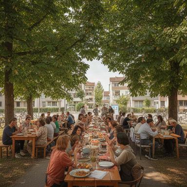 Nachbarschaftstreff in Zürich Altstetten mit langen Tischen unter Kastanienbäumen