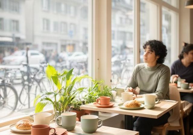 Helles Quartiercafé in Zürich mit wiederverwendbarem Geschirr und Gästen am Fenster