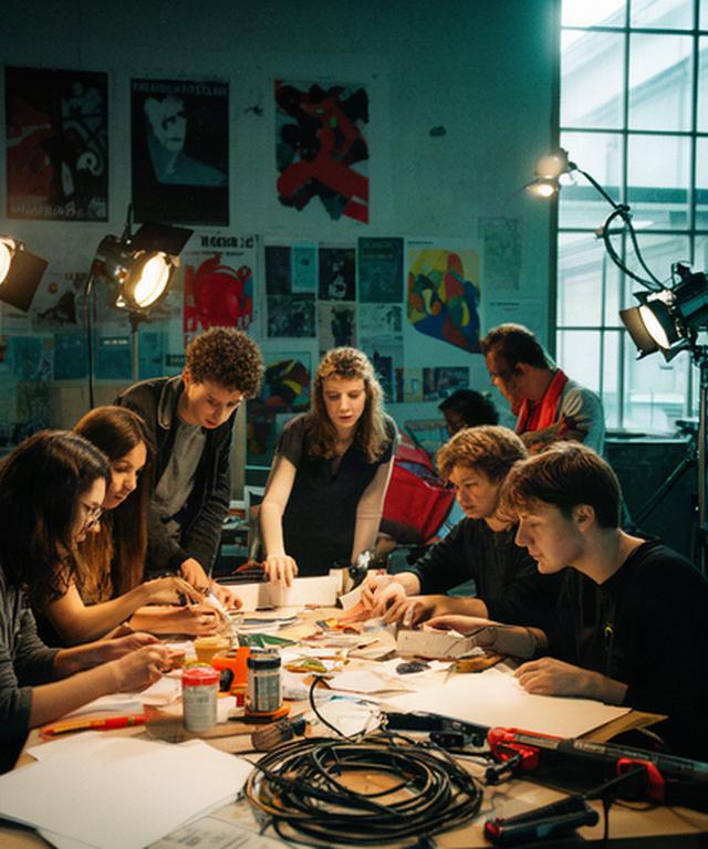 Junges Organisationsteam in einem Zürcher Kulturhaus zwischen Plakaten, Lichttechnik und Werkstattmaterial