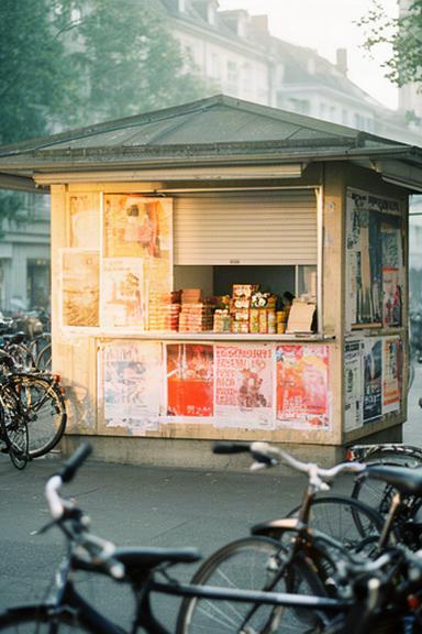 Kleiner Kiosk an der Langstrasse mit Plakaten und Velos im Morgenlicht